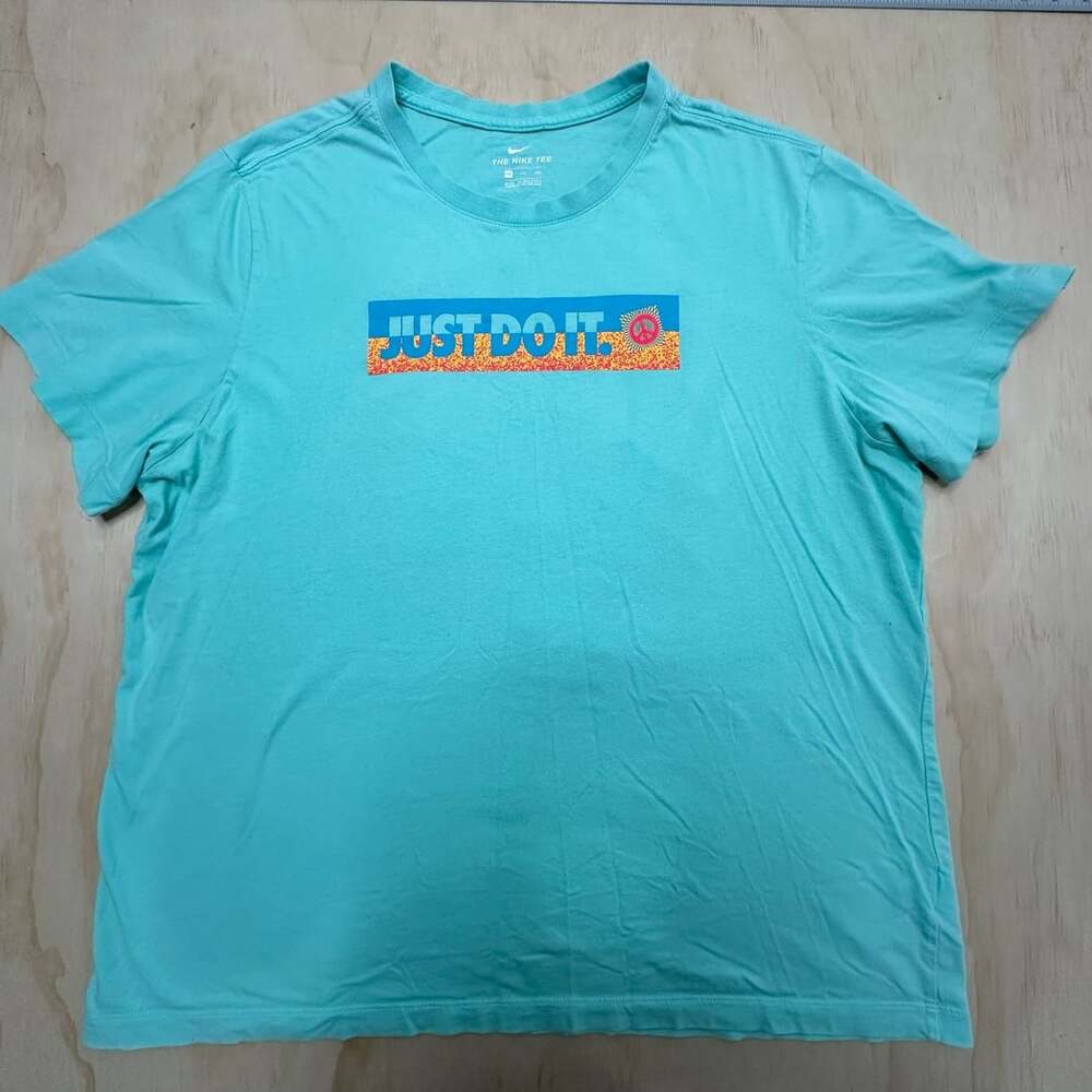 Nike Just Do It T-Shirt Size 2XL Teal Blue Graphic Peace Logo Tee